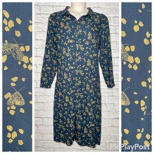 Fat Face Butterfly Maxi Shirt Dress Womens 14 Teal Blue Roll Tab Sleeve Modest